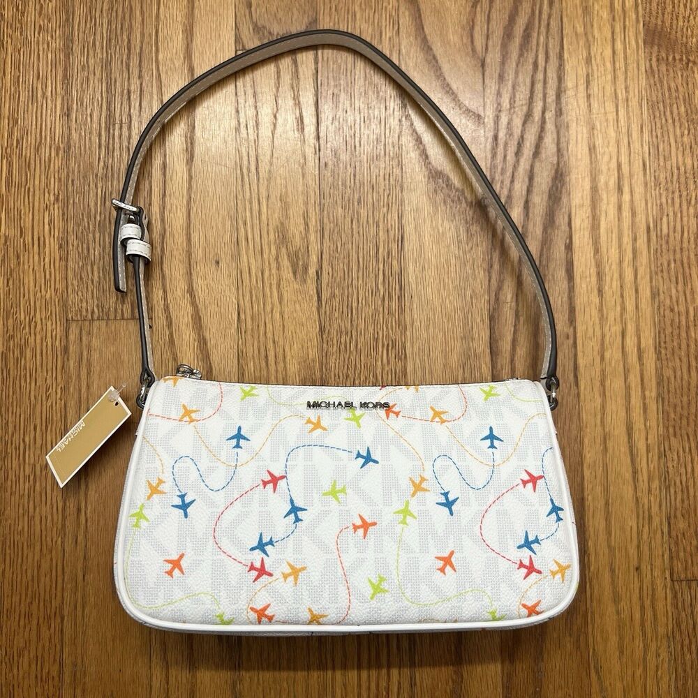 NWT MICHAEL KORS JET SET WHITE MULTI EAST WEST AIRPLANE PRINT POUCHETTE BAG